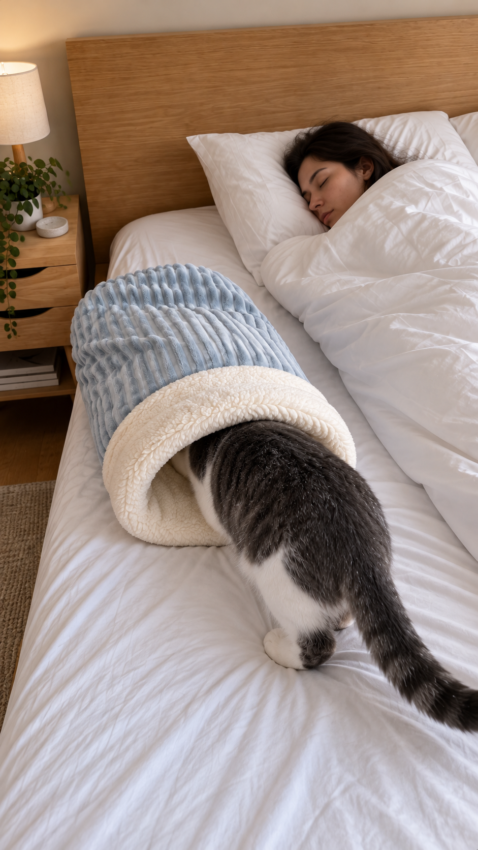 Cat crawling into the Wrap Nest on the bed
