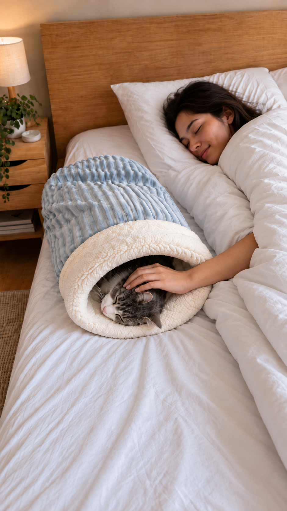 Cat sleeping in the Wrap Nest next to its owner